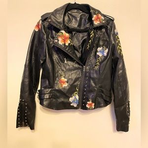 Silver Studded Black faux leather size L zipper embroidered flower jacket